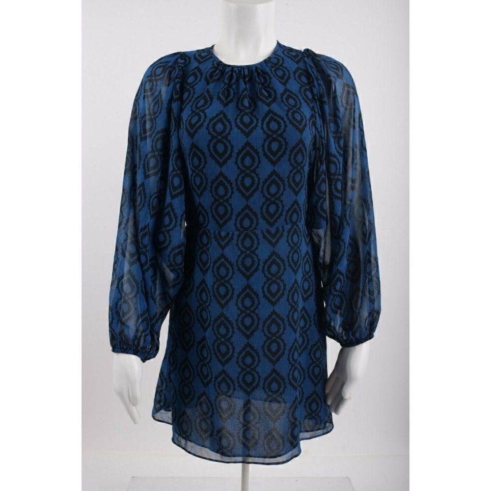 Zara Womans Mini Sadie Dress Printed S Blue Black Balloon Sleeve 2183/261 NWT